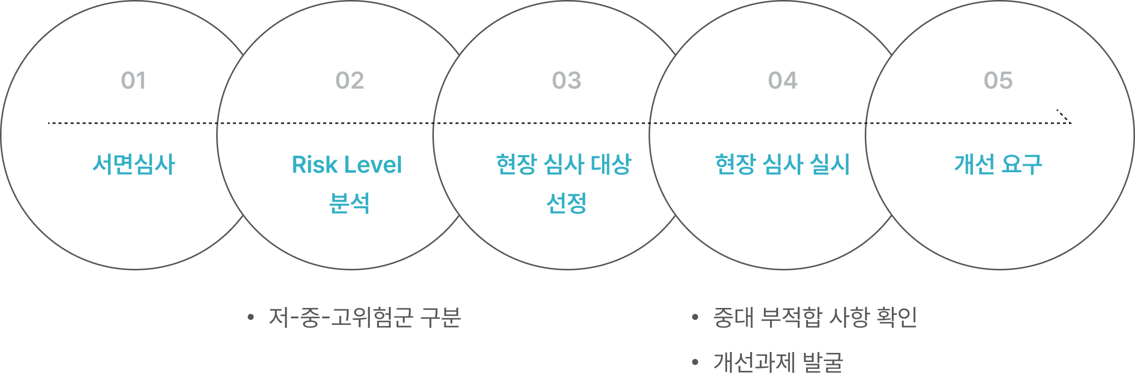 01. 서면심사 02. Risk Level 분석 : 저-중-고위험군 구분 03. 현장 심사 대상 선정 04. 현장 심사 실시 : 중대 부적합 사항 확인 / 개선과제 발굴 05. 개선 요구