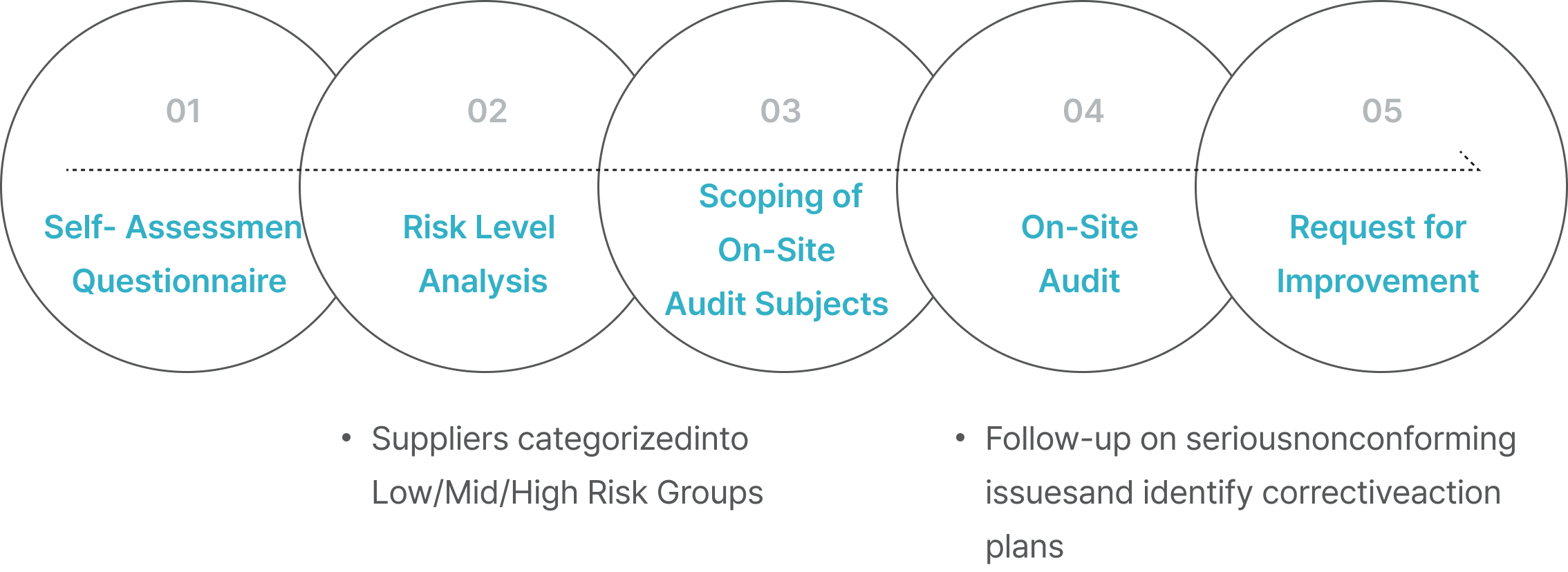 01 Self-Assessment Questionnaire. 02 Risk Level Analysis - Suppliers categorized into Low/Mid/High Risk Groups. 03 Scoping of On-Site Audit Subjects. 04 On-Site Audit - Follow-up on serious nonconforming issues and identify corrective action plans. 05 Request for Improvement.