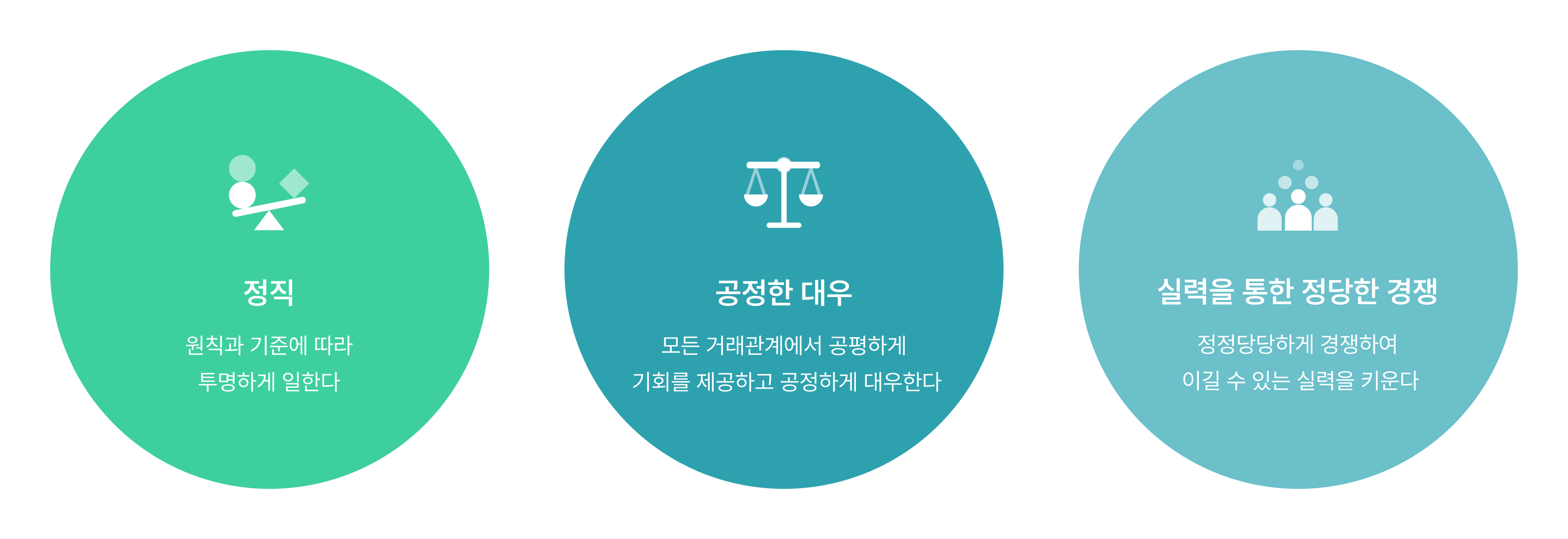 정직: 원칙과 기준에 따라 투명하게 일한다 / 공정한 대우 : 모든 거래관계에서 공평하게 기회를 제공하고 공정하게 대우한다 / 실력을 통한 정당한 경쟁 : 정정당당하게 경쟁하여 이길 수 있는 실력을 키운다