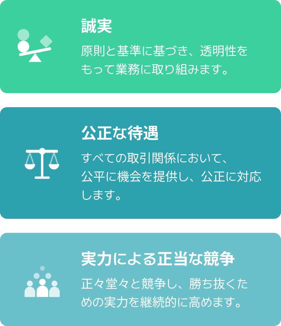 誠実：原則と基準に基づき、透明性をもって業務に取り組みます。/ 公正な待遇：すべての取引関係において、公平に機会を提供し、公正に対応します。/ 実力による正当な競争：正々堂々と競争し、勝ち抜くための実力を継続的に高めます。