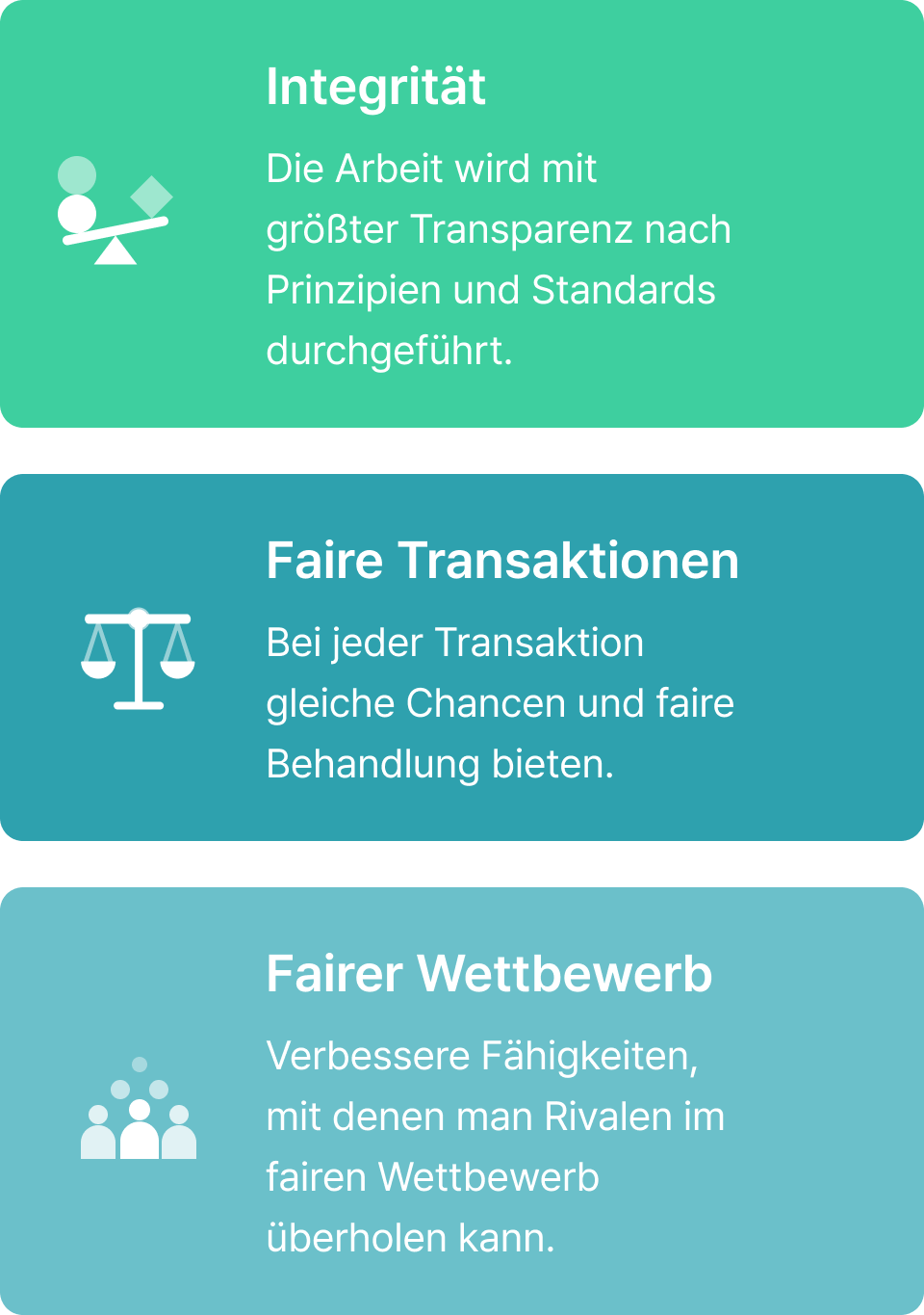 Integrität: Die Arbeit wird mit größter Transparenz nach Prinzipien und Standards durchgeführt. / Faire Transaktionen : Bei jeder Transaktion gleiche Chancen und faire Behandlung bieten. / Fairer Wettbewerb : Verbessere Fähigkeiten, mit denen man Rivalen im fairen Wettbewerb überholen kann.