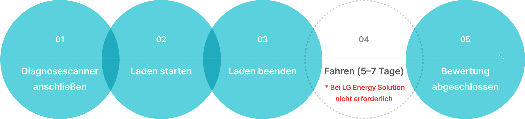 01 Diagnosescanner anschließen. 02 Laden starten. 03 Laden beenden. 04 Fahren (5–7 Tage)  * Bei LG Energy Solution nicht erforderlich. 05 Bewertung abgeschlossen.