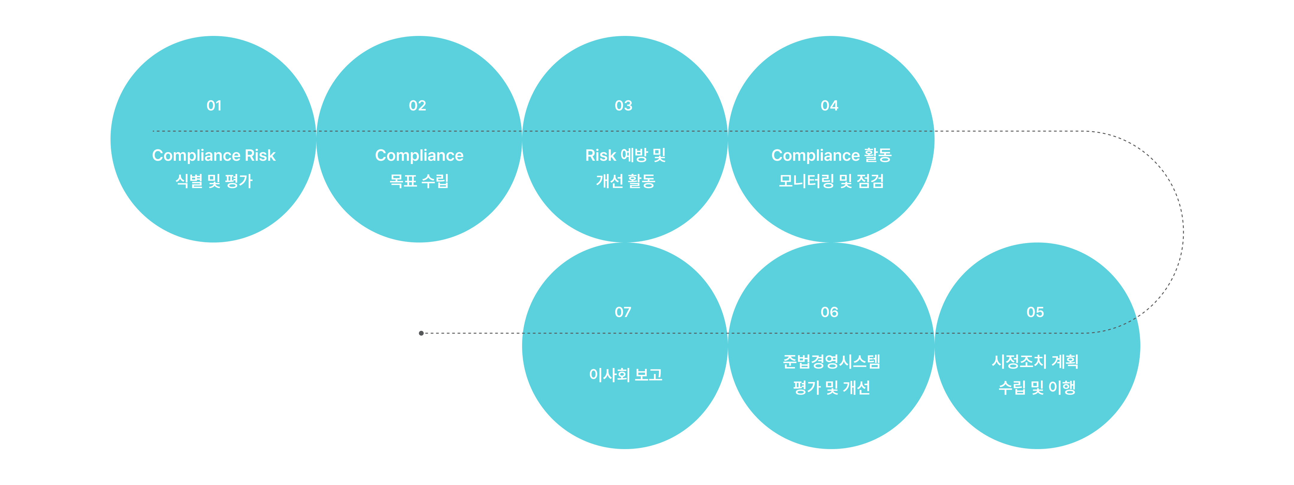 준법 경영 시스템(CMS) 기반 준법 Risk 관리 프로세스 다이어그램. 1단계: Compliance Risk 식별 및 평가, 2단계: Compliance 목표 수립, 3단계: Risk 예방 및 개선 활동, 4단계: Compliance 활동 모니터링 및 점검, 5단계: 시정조치 계획 수립 및 이행, 6단계: 준법경영시스템 평가 및 개선, 7단계: 이사회 보고.