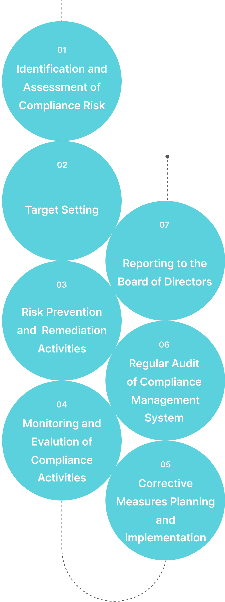 01 Identification and Assessment of Compliance Risk. 02 Target Setting. 03 Risk Prevention and Remediation Activities. 04 Monitoring and Evaluation of Compliance Activities. 05 Corrective Measures Planning and Implementation. 06 Regular Audit of Compliance Management System. 07 Reporting to the Board of Directors.