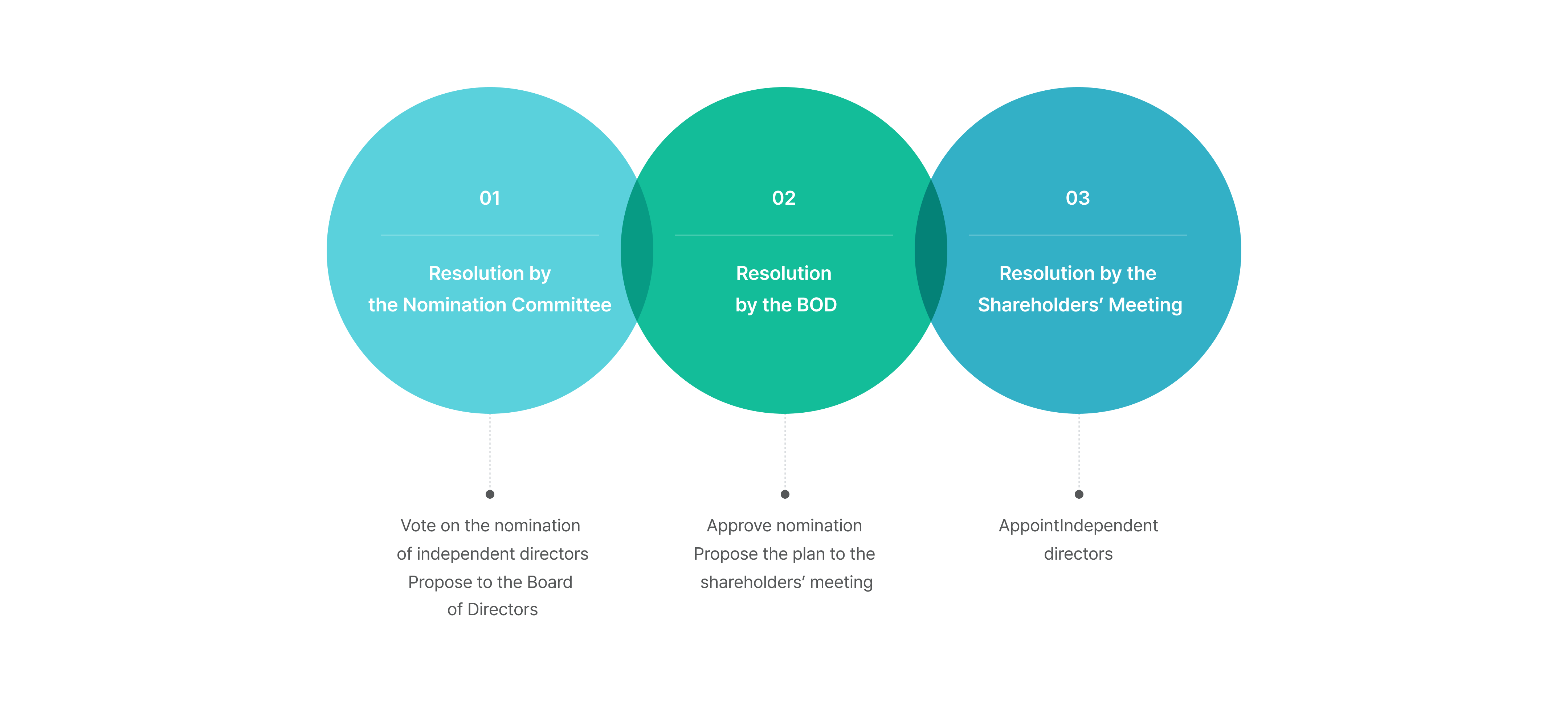 01 Resolution by the Nomination Committee - Vote on the nomination of independent directors Propose to the Board of Directors. 02 Resolution by the BOD - Approve nomination Propose the plan to the shareholders’ meeting. 03 Resolution by the Shareholders’ Meeting - Appoint Independent directors.