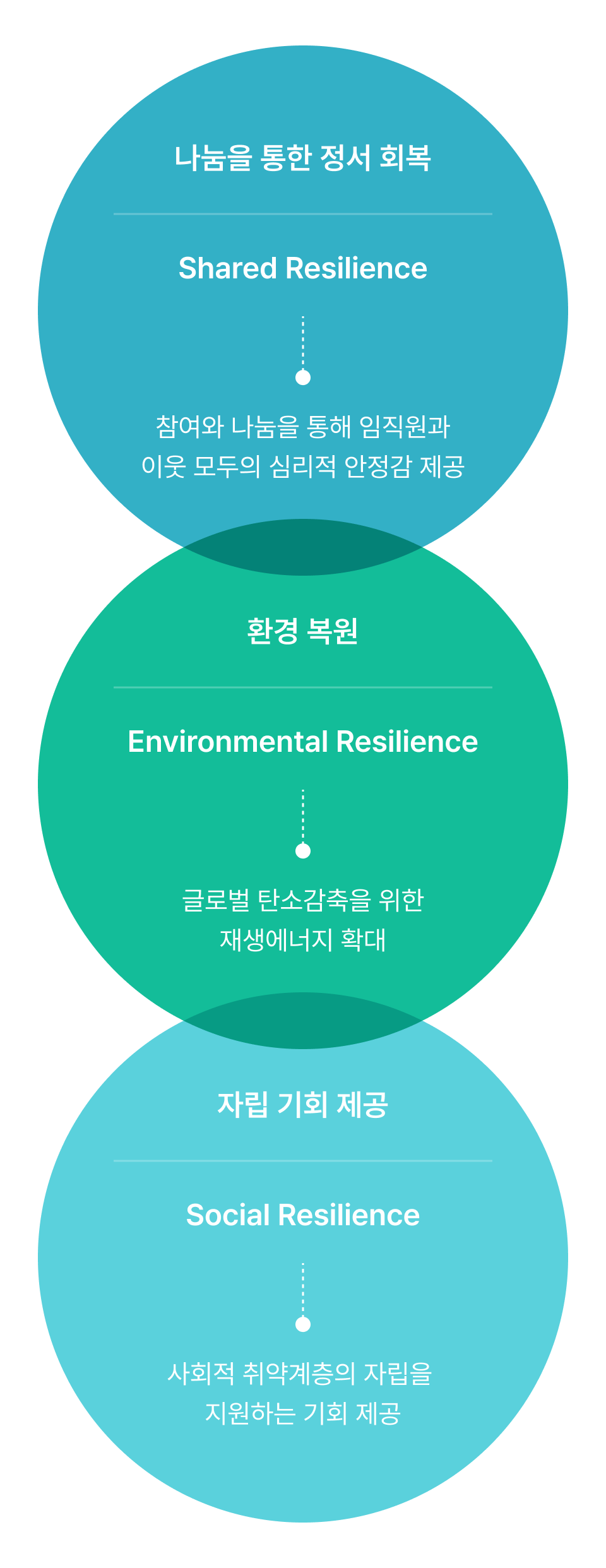 나눔을 통한 정서 회복(Shared Resilience): 임직원과 이웃 모두의 심리적 안정감 제공 / 환경 복원(Environmental Resilience): 글로벌 탄소 감축을 위한 재생에너지 확대 / 자립 기회 제공(Social Resilience): 사회적 취약계층의 자립을 지원하는 기회 제공