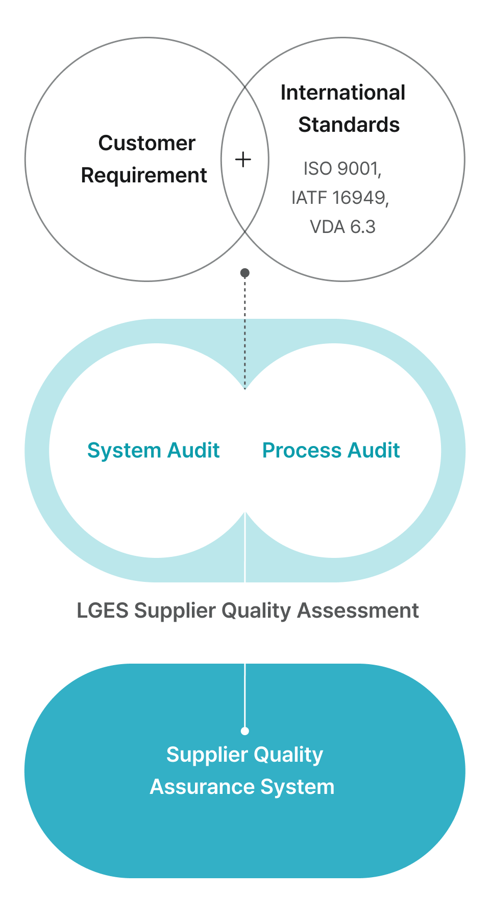 Customer Requirement. International Standards ISO 9001, IATF 16949, VDA 6.3. System Audit. Process Audit. LGES Supplier Quality Assessment. Supplier Quality Assurance System.