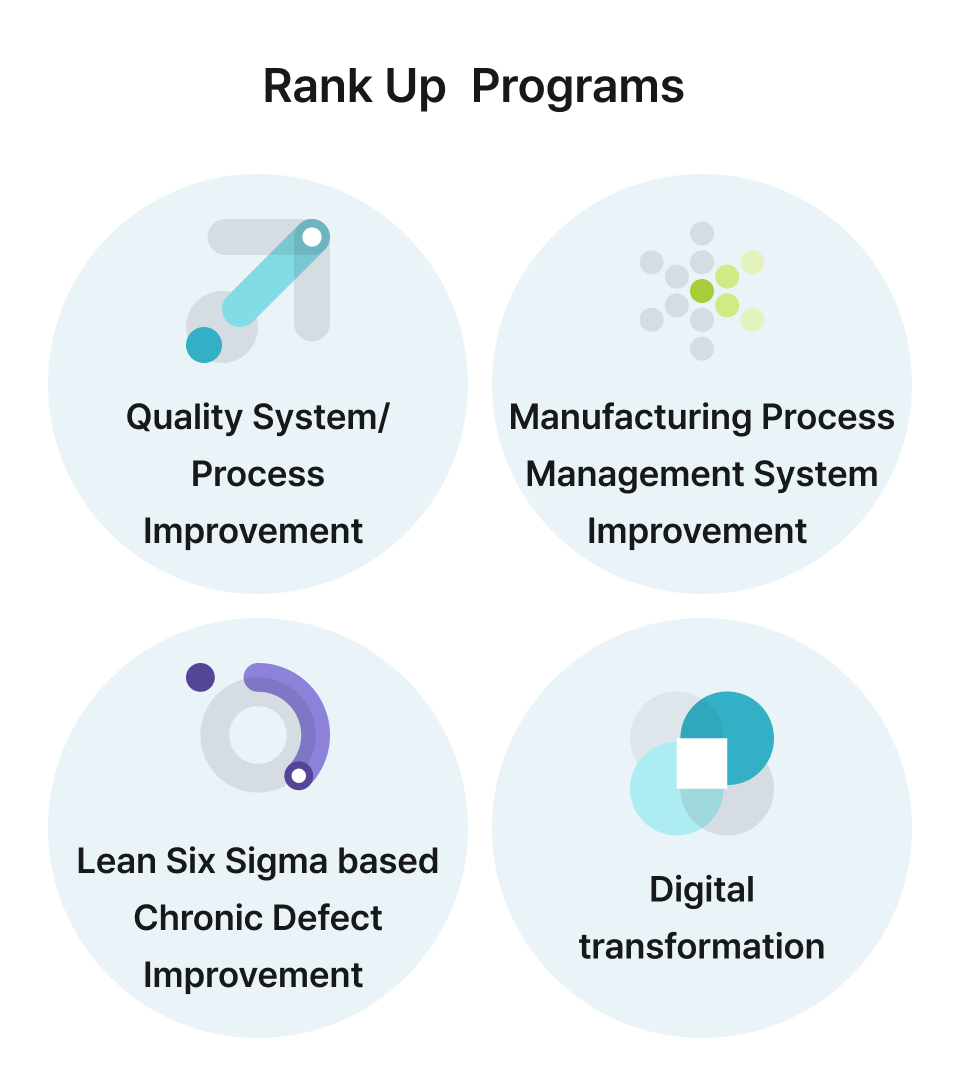 Rank Up Programs. Quality System/Process Improvement. Manufacturing Process Management System Improvement. Lean Six Sigma based Chronic Defect Improvement. Digital transformation.