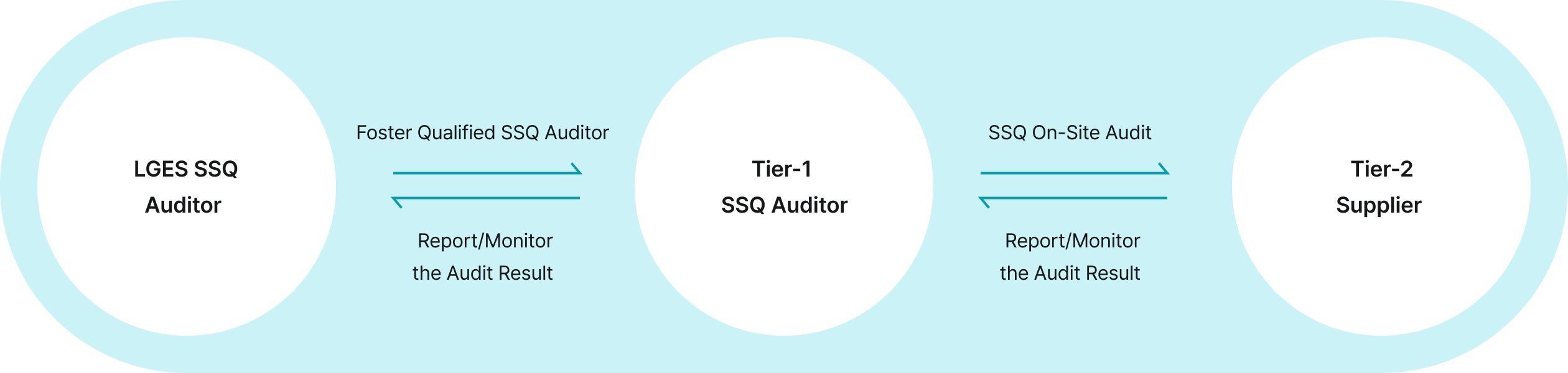 LGES SSQ Auditor. Foster Qualified SSQ Auditor. Report/Monitor the Audit Result. Tier-1 SSQ Auditor. SSQ On-Site Audit. Report/Monitor the Audit Result. Tier-2 Supplier.