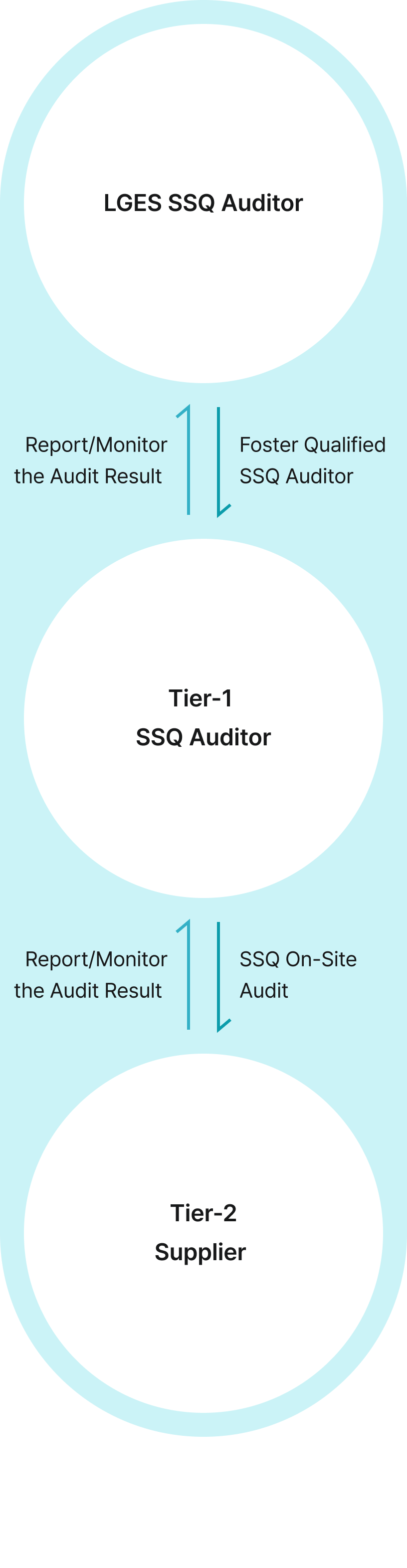 LGES SSQ Auditor. Foster Qualified SSQ Auditor. Report/Monitor the Audit Result. Tier-1 SSQ Auditor. SSQ On-Site Audit. Report/Monitor the Audit Result. Tier-2 Supplier.