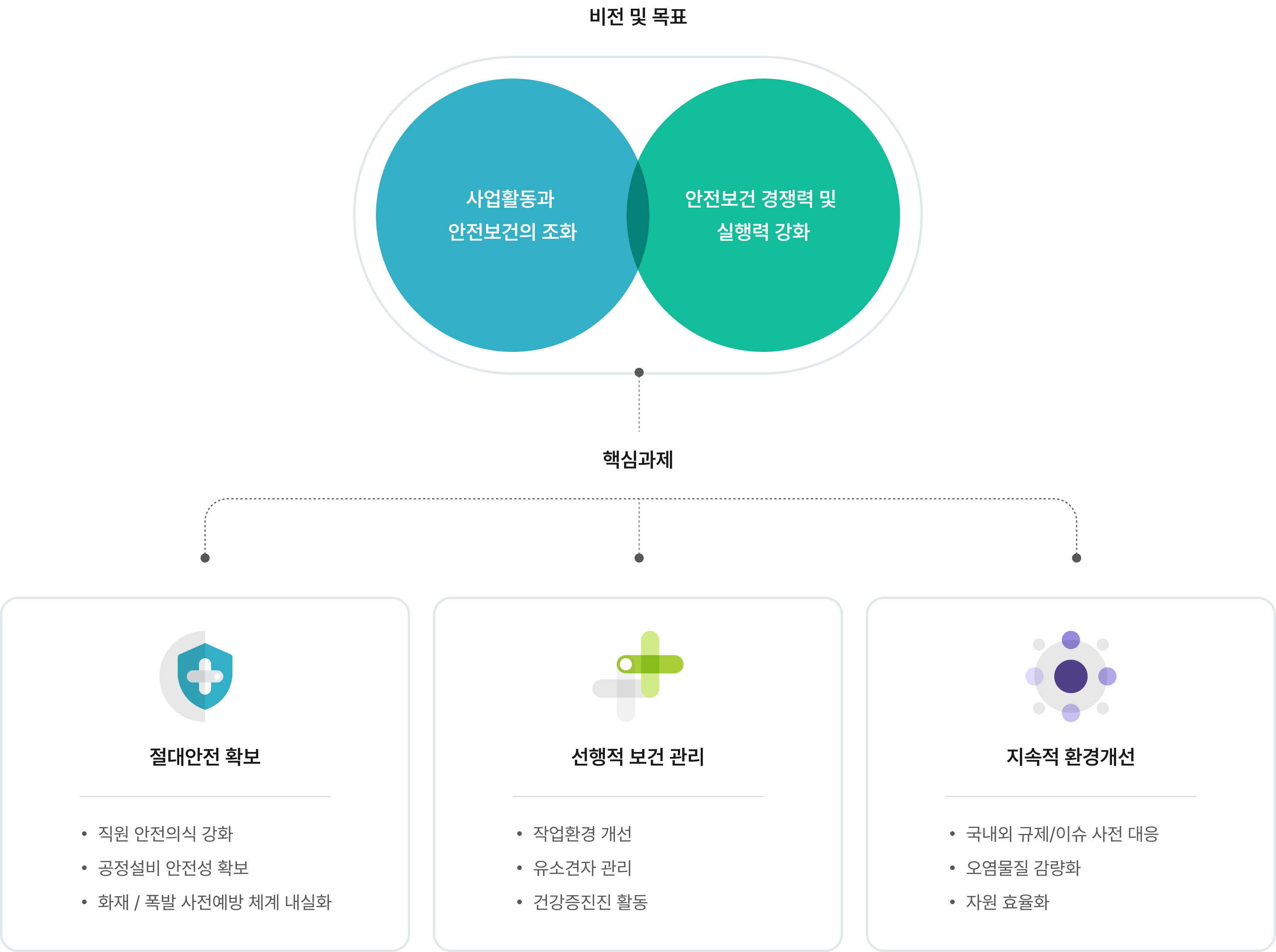 비전 및 목표: 사업활동과 안전보건의 조화, 안전보건 경쟁력 및 실행력 강화. 핵심과제: 절대안전 확보(직원 안전의식 강화, 공정설비 안전성 확보, 화재/폭발 사건예방 체계 내실화), 선행적 보건 관리(작업환경 개선, 유소견자 관리, 건강증진 활동), 지속적 환경개선(국내외 규제/이슈 사전 대응, 오염물질 감축, 자원 효율화).