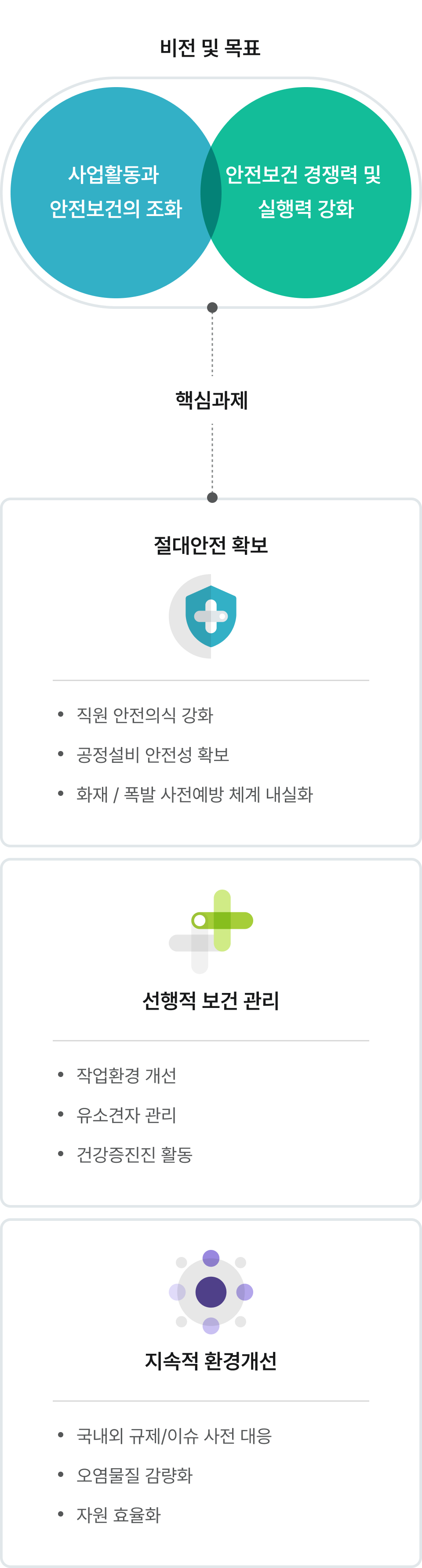 비전 및 목표: 사업활동과 안전보건의 조화, 안전보건 경쟁력 및 실행력 강화. 핵심과제: 절대안전 확보(직원 안전의식 강화, 공정설비 안전성 확보, 화재/폭발 사건예방 체계 내실화), 선행적 보건 관리(작업환경 개선, 유소견자 관리, 건강증진 활동), 지속적 환경개선(국내외 규제/이슈 사전 대응, 오염물질 감축, 자원 효율화).